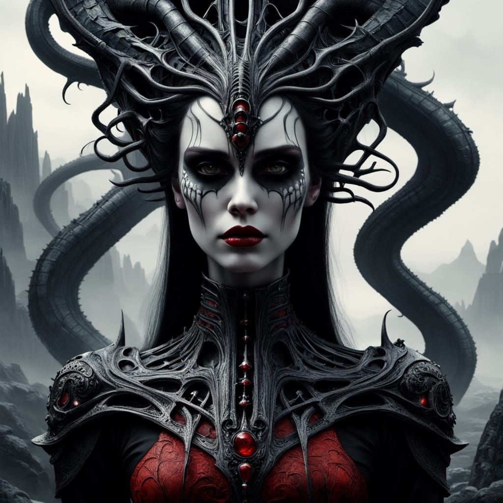 Gothic Vampire Goddess Merging with Skeletal Trees and Cryst...