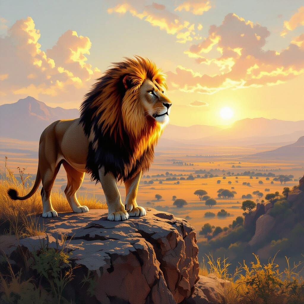 Lion with Fiery Mane Overlooking Savannah as Oil Painting