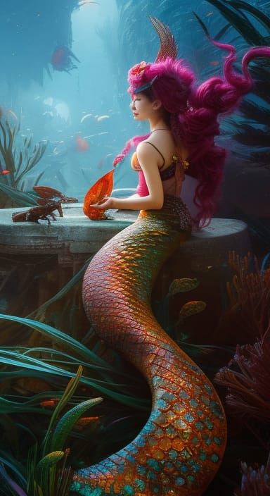 Mermaid and Shrimp: Detailed Fantasy Art
