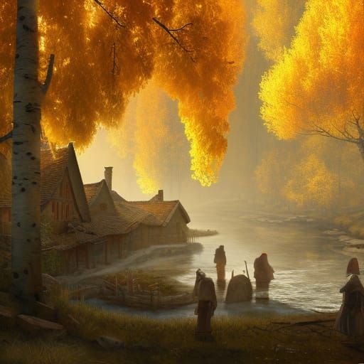 Medieval Village in Aspen Forest: Dark Fantasy Concept Art