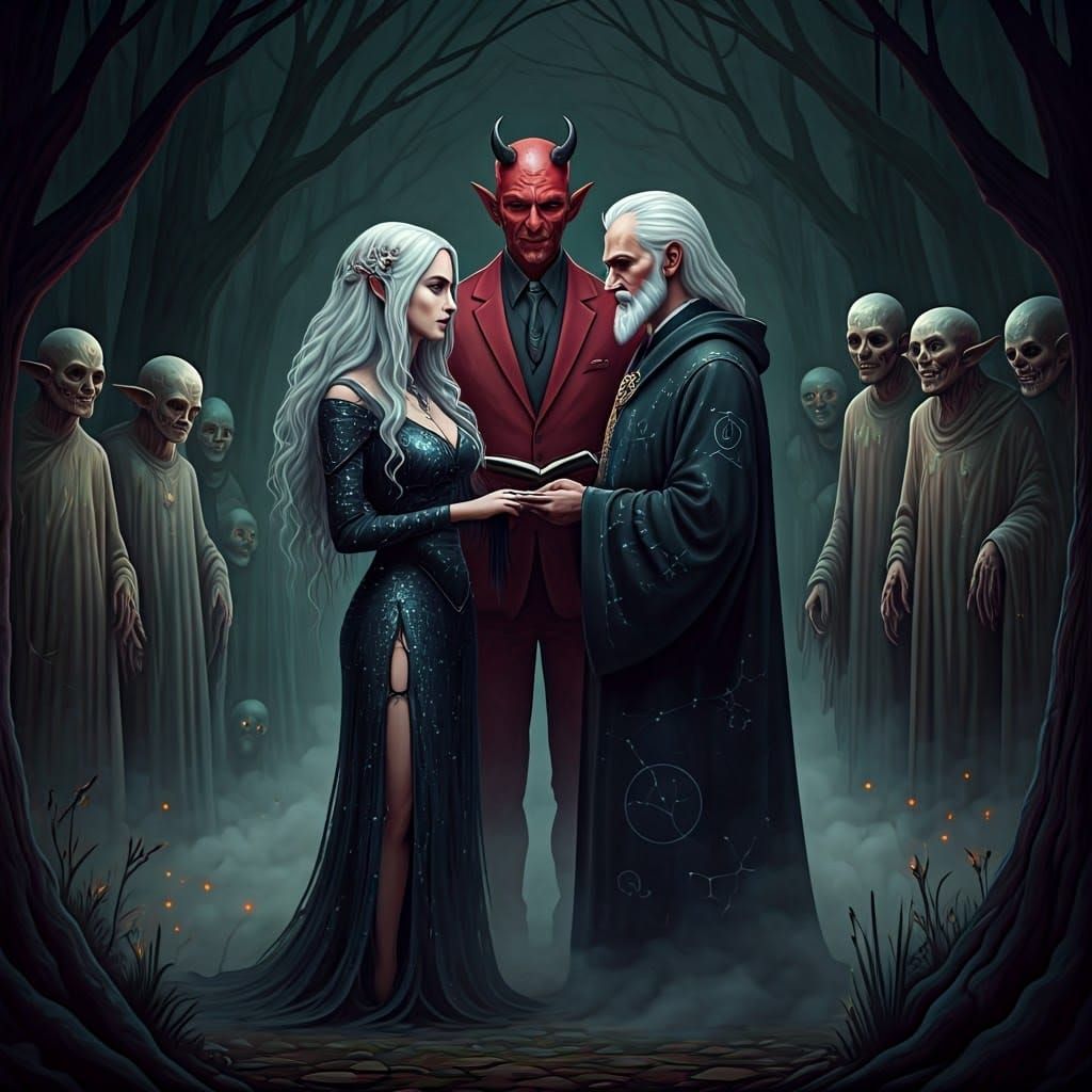Sinister Forest Wedding Scene in Dark Street Art Style