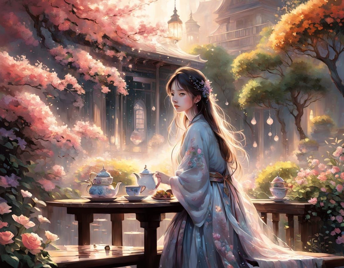 Japanese Woman Serves Tea in Misty Floral Patio