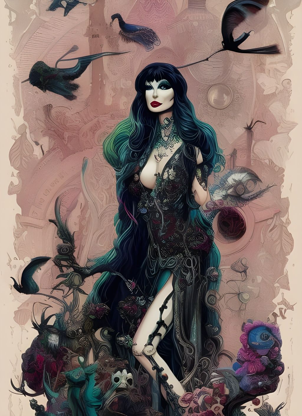 Elvira as Morticia: Watercolor Splash Art