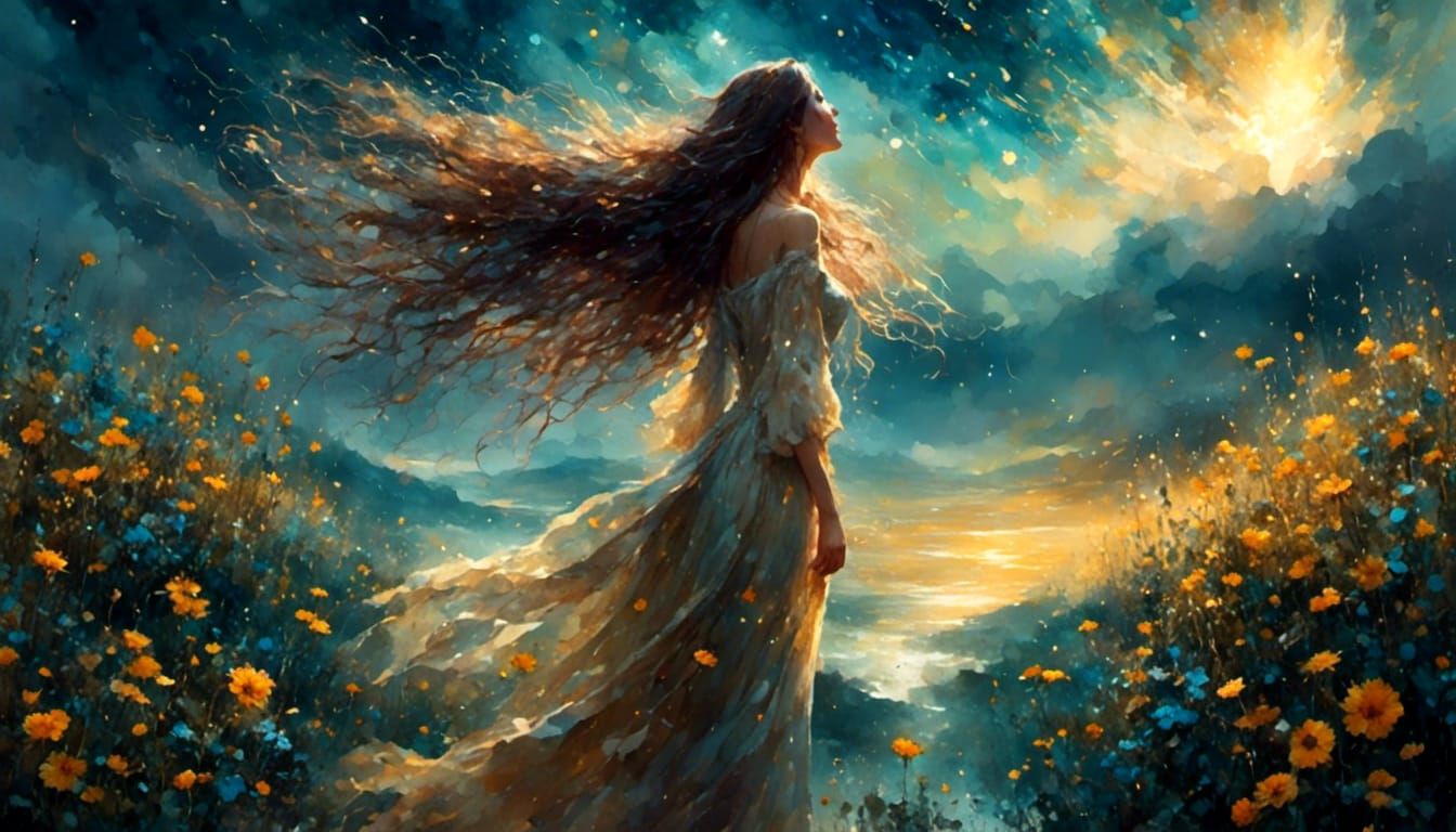 Weeping Woman with Long Hair in the Rain