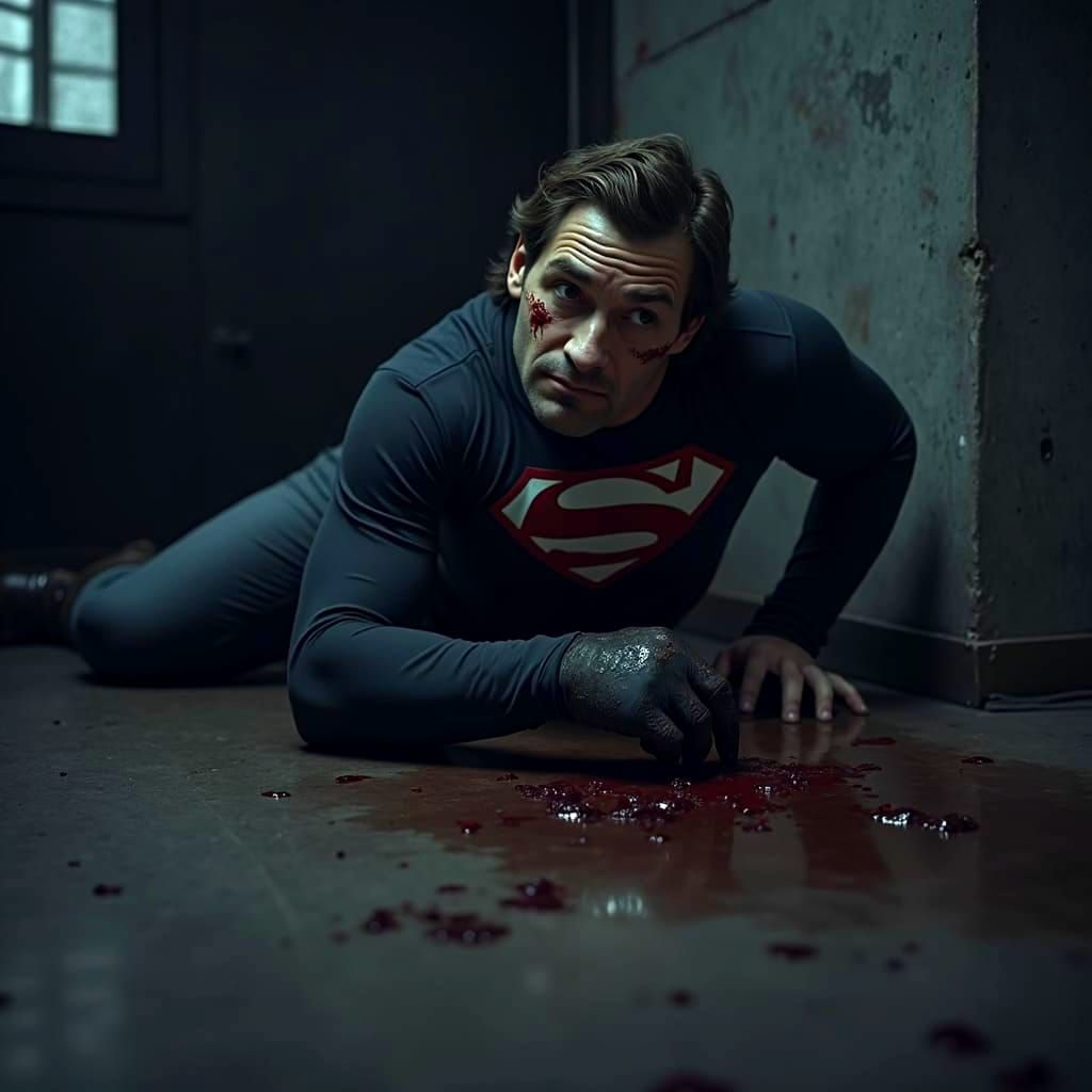 Injured Superhero Rising from Blood Soaked Floor