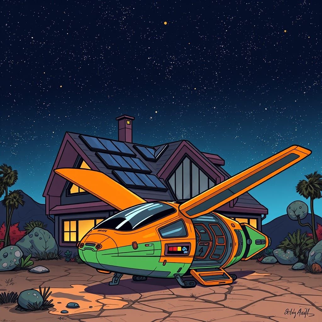 Futuristic Home with Hovercraft, in Cartoon Style
