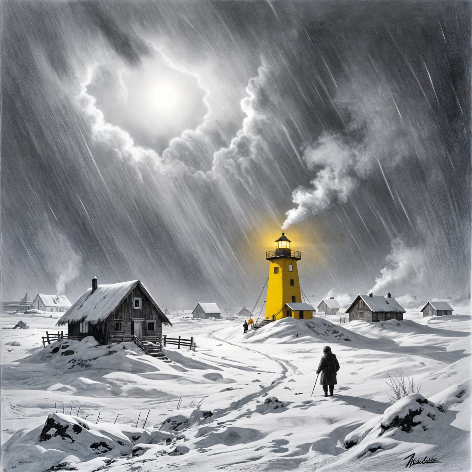 Monochrome Eskimo Village with Yellow Lighthouse in Storm