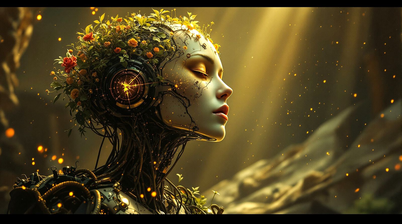 Ethereal Android Reclaimed by Nature in Cyberpunk Setting