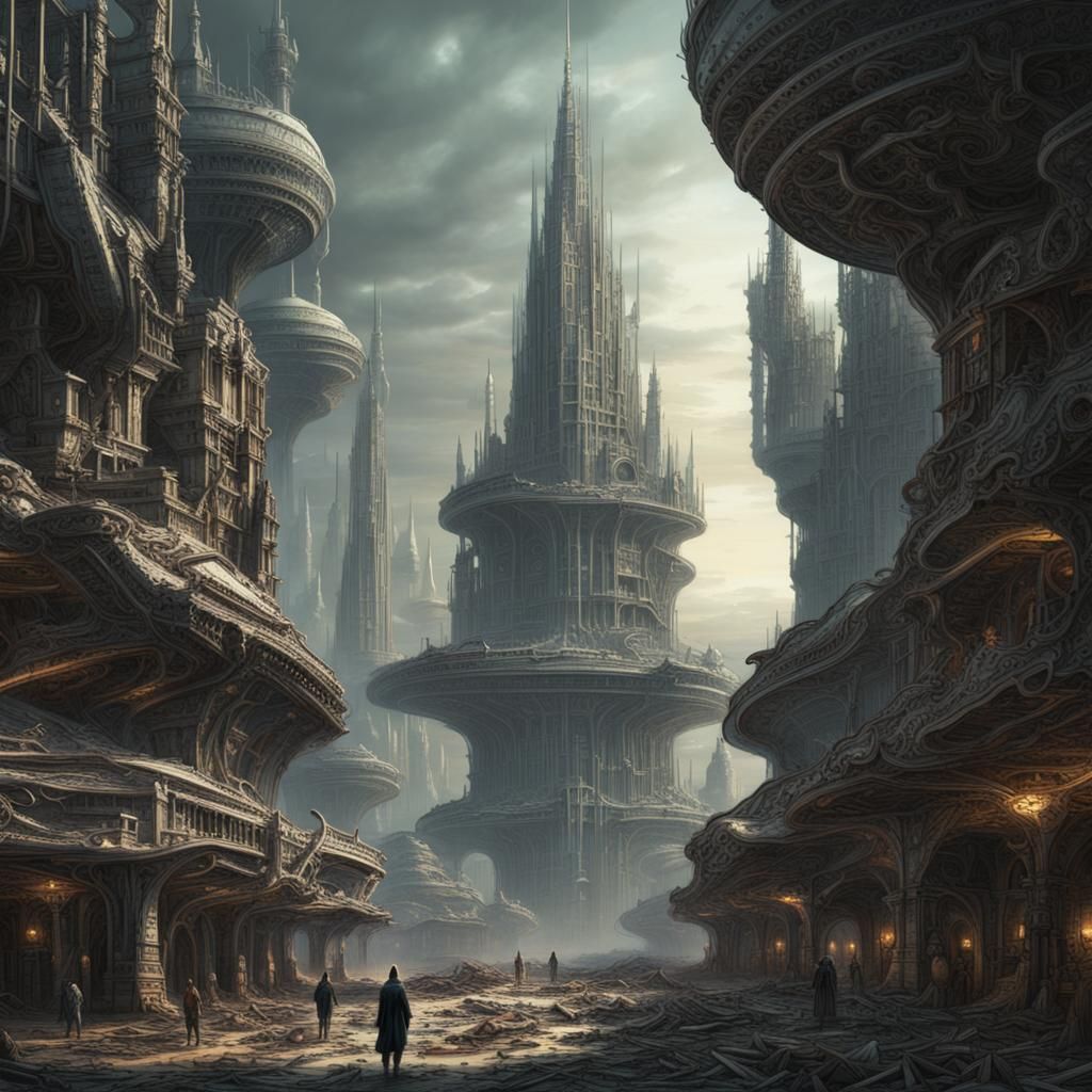 Dystopian Alien Monuments on Cyberpunk City Planet
