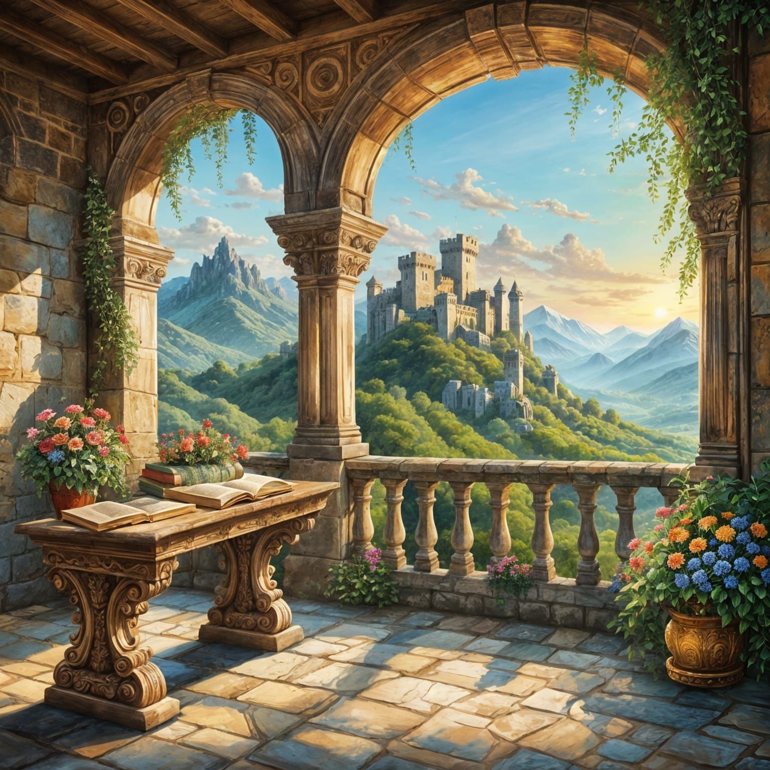 Panoramic Balcony View with Mountain Castle