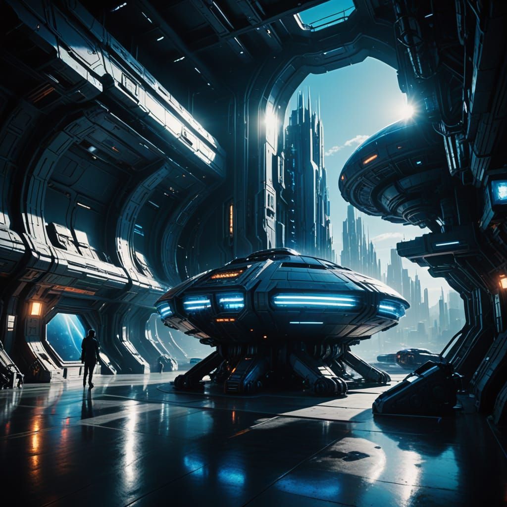 Futuristic Cityscape with Curved White Buildings and Spacesh...