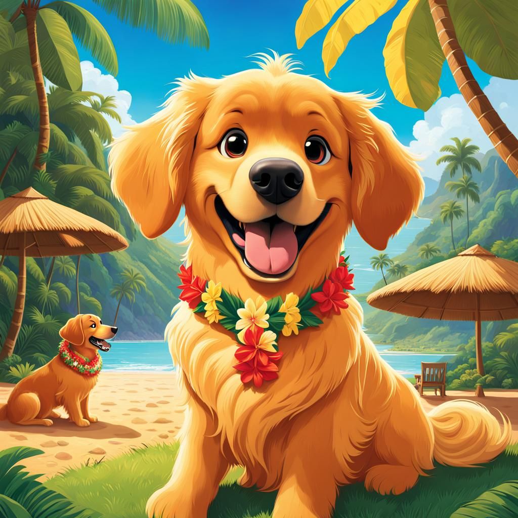 Golden Retriever Hula Dancer: Pixar Style Poster