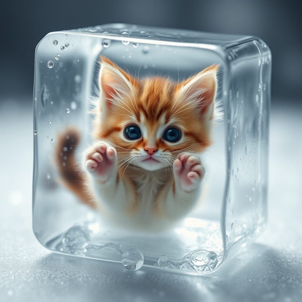 Kitten Suspended in Ice Cube: Hyper-realistic Digital Art