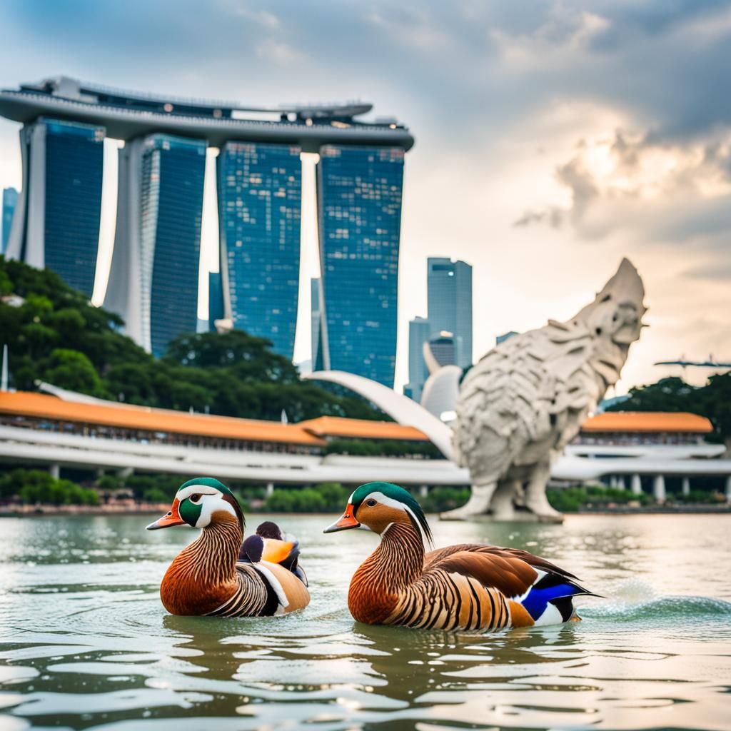 Mandarin Ducks at Singapore River: Photorealistic