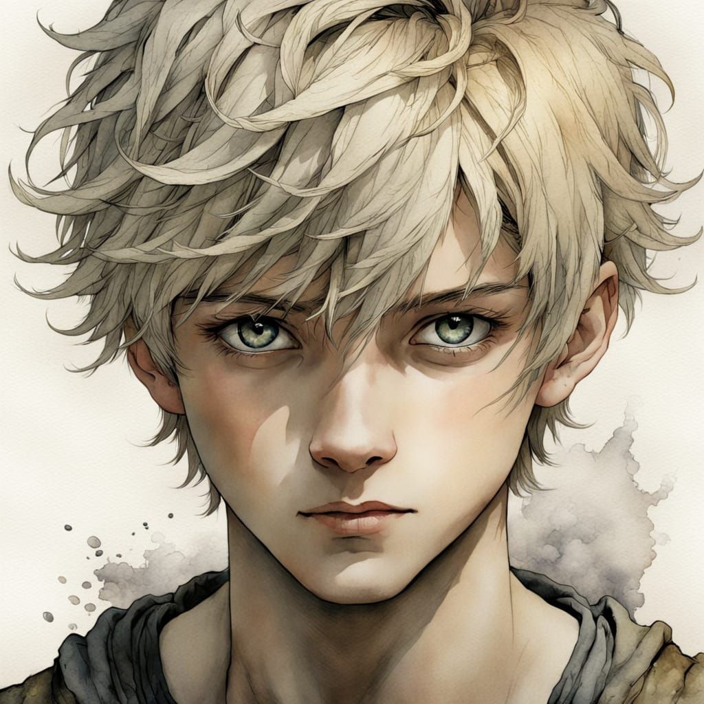 Watercolor and Ink Portrait of a Blond Boy