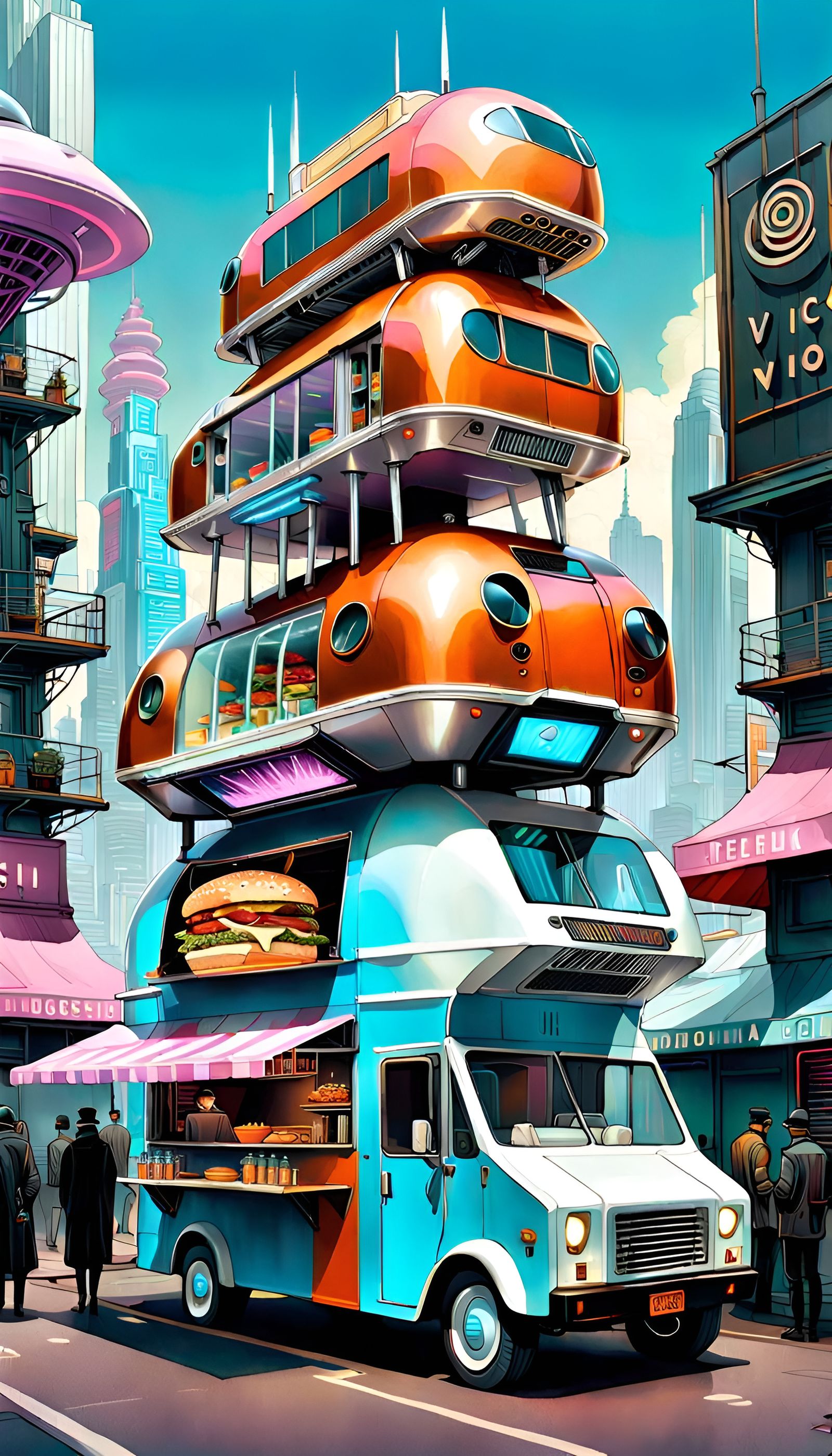 Futuristic Triple Decker Food Truck in Cyberpunk City