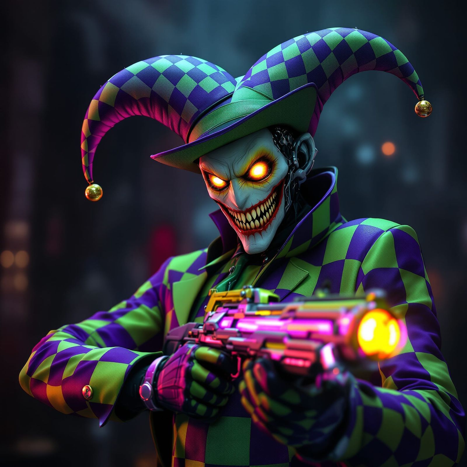 Creepy Cyborg Jester with Plasma Rifle in Dark Carnival