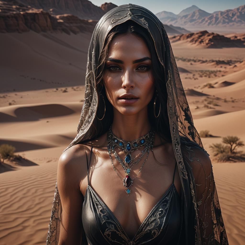 mysterious woman, hidden under a dark veil, sensual body, has a hanging jewel on her neck, open neckline, desert in the ...