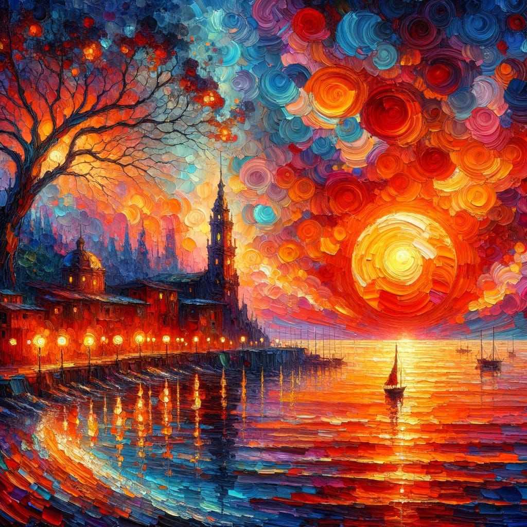 Impressionist Seaside Sunset with Sailboat and Lanterns