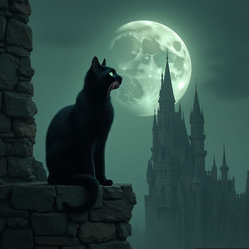 Black Cat Gazing at Moon in Gothic Landscape