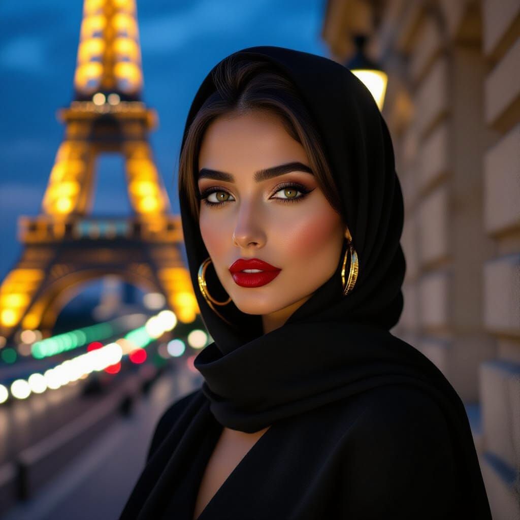 Middle Eastern Woman by Eiffel Tower at Night