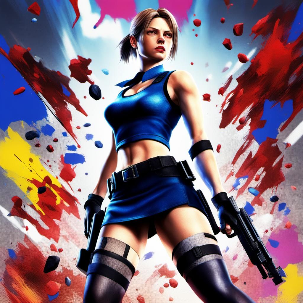 Jill Valentine with miniskirt, black stockings