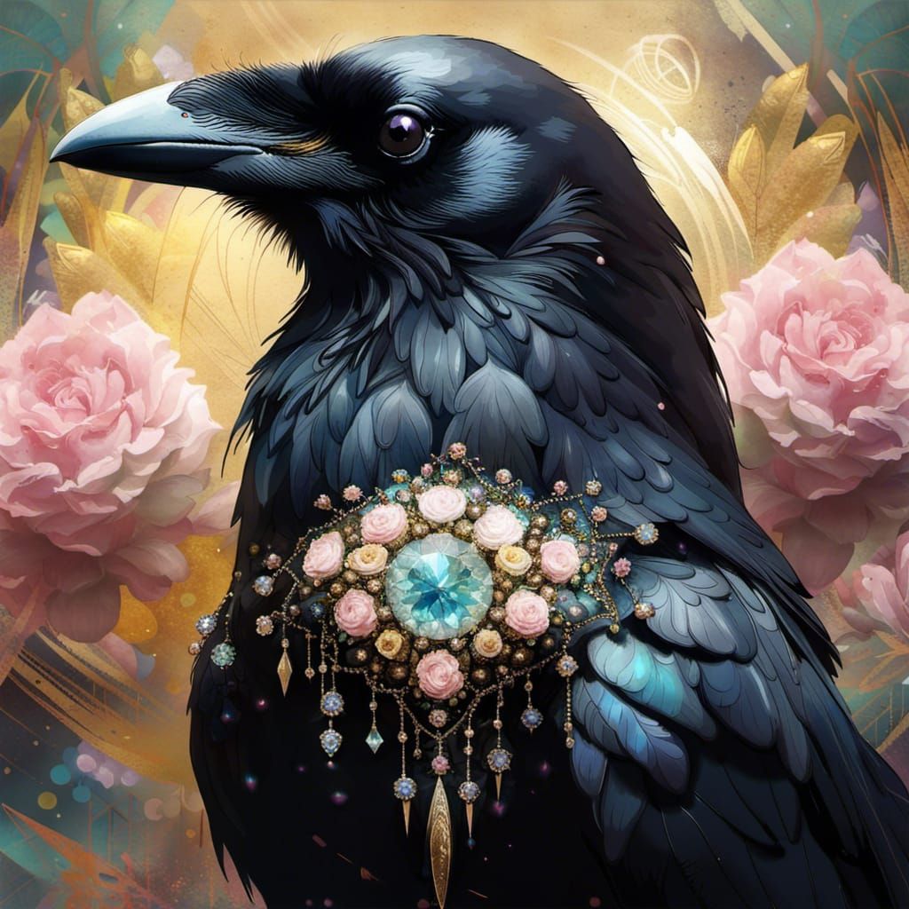 Magical Crow with Diamonds in Hyperrealism
