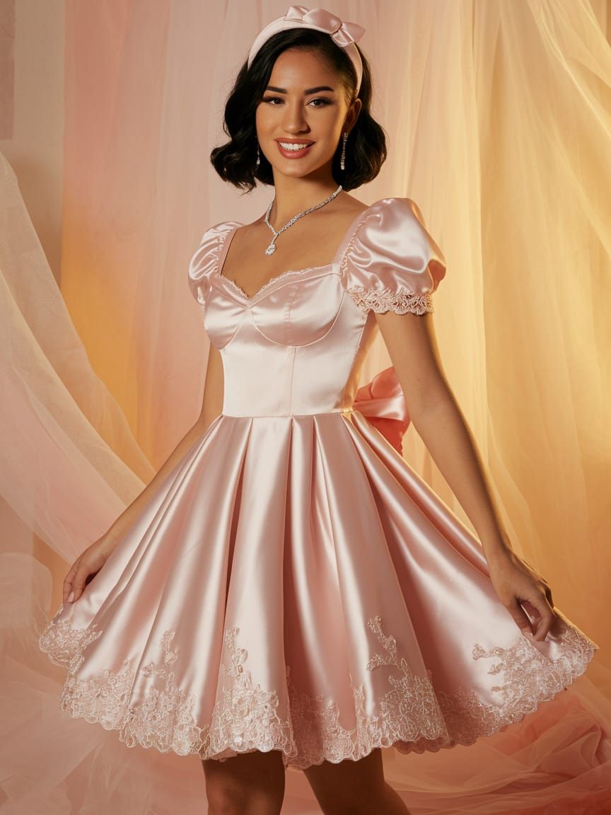 Romantic Young Latina Woman in Soft Pastel-Pink Gown