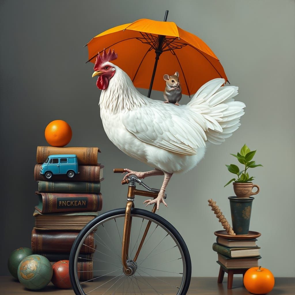 A Chicken on a Unicycle with a Mouse on an Orange Umbrella