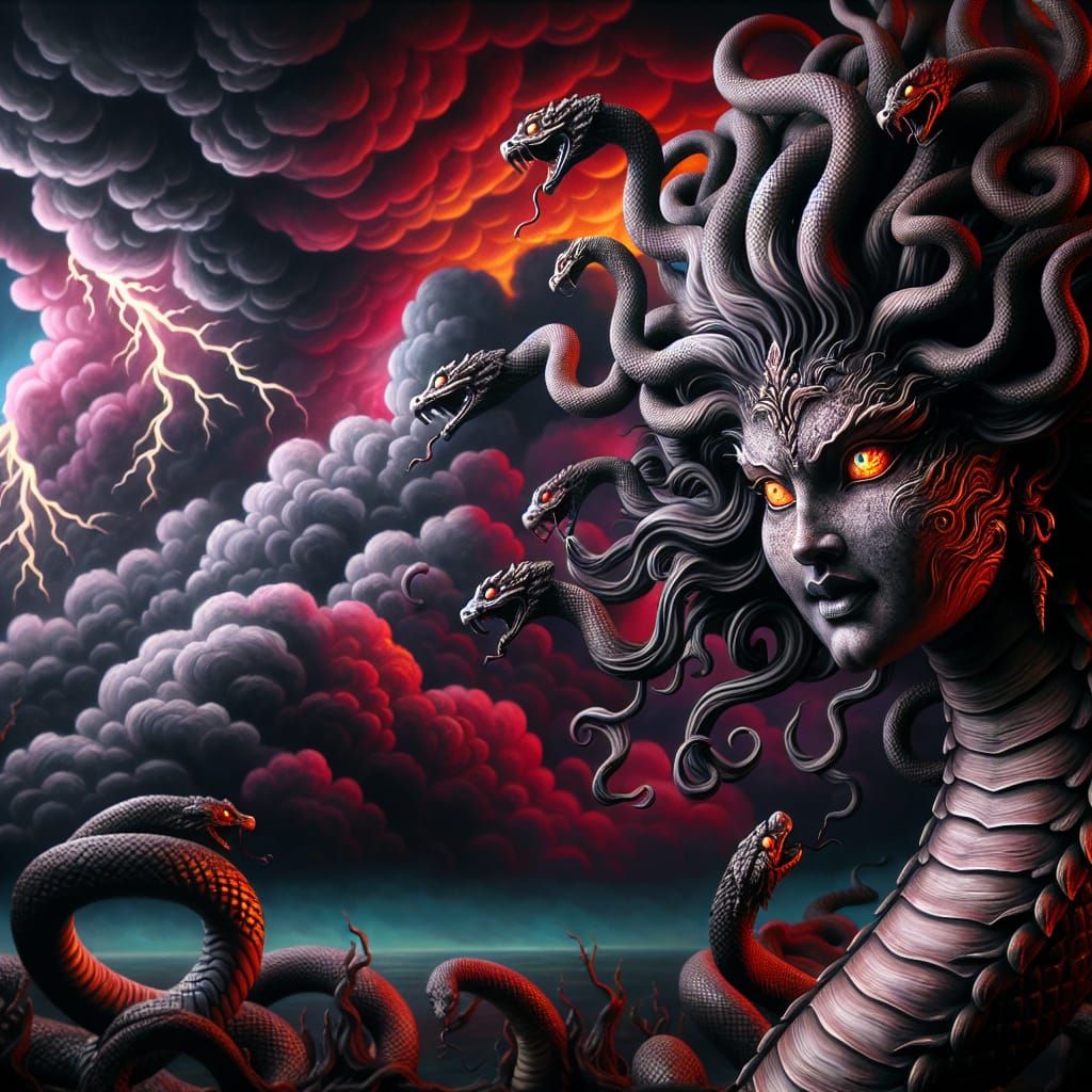 "Mythical styled Medusa lady, lower half is a snake tail, re...