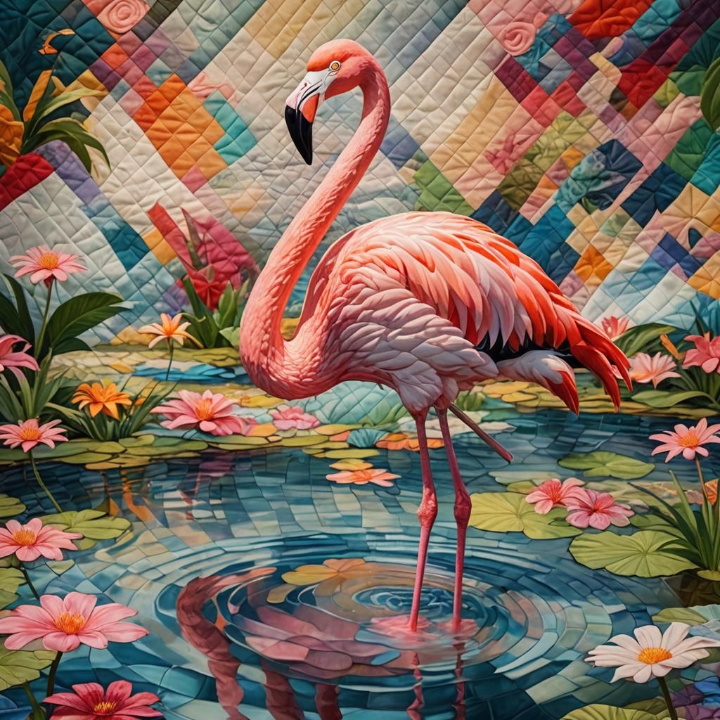Quilt Pond Flamingo in Hyperrealistic Splash Art