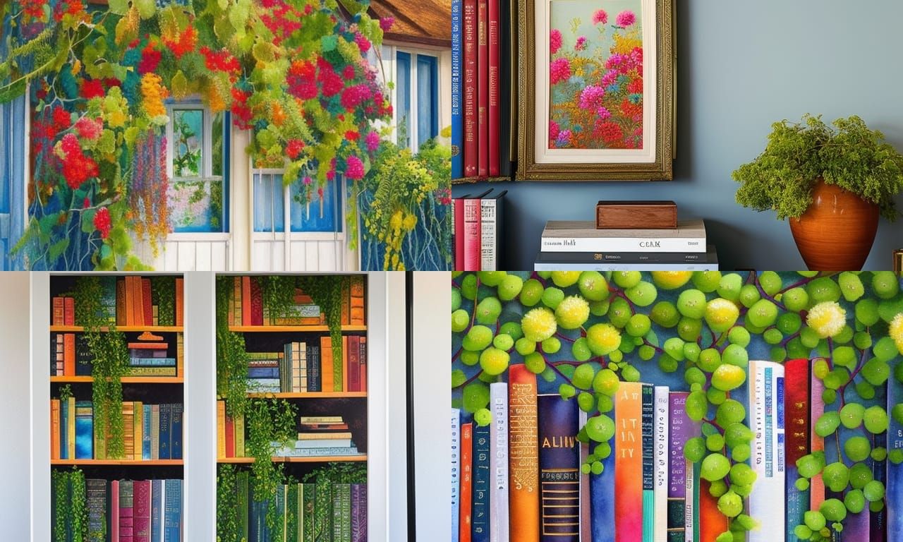 Bookshelf Overgrown with Flowers in Watercolor Style