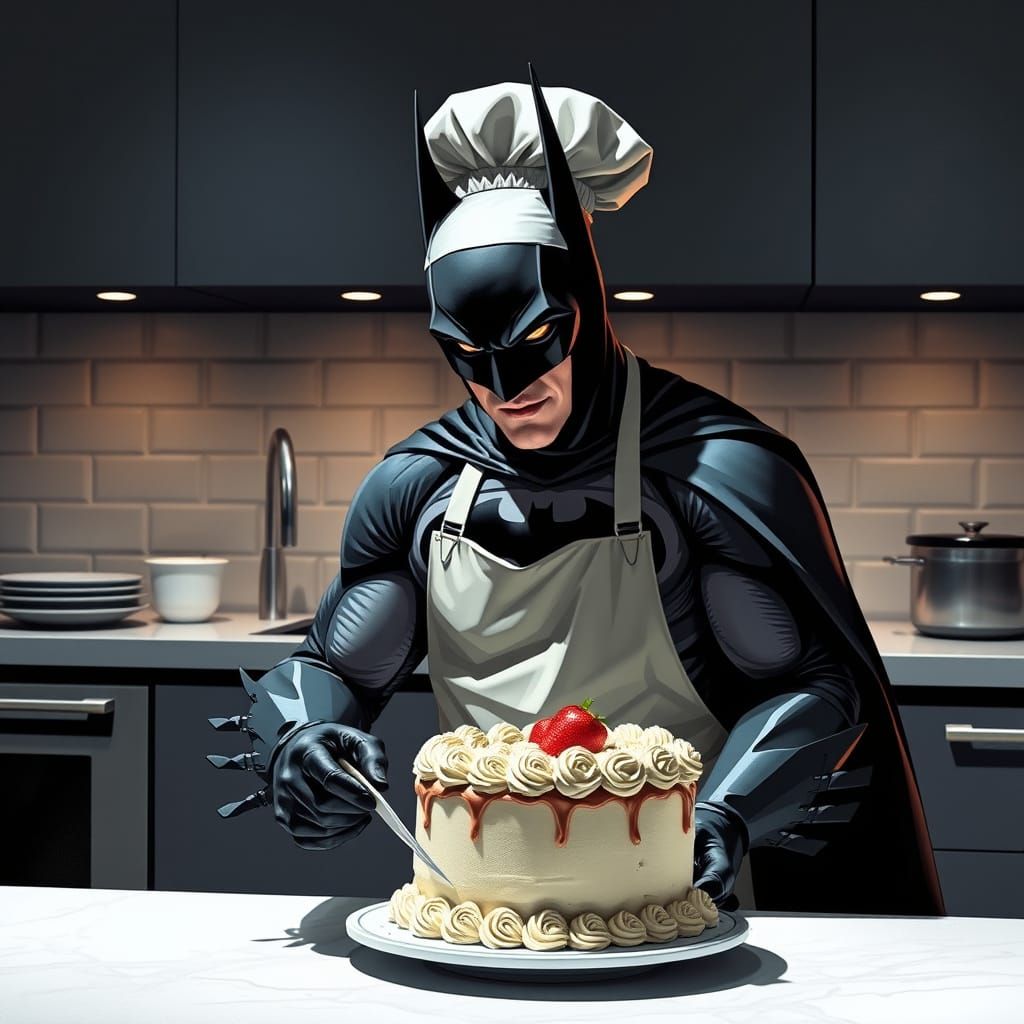 Batman Baking Cake in Noir-Inspired Kitchen