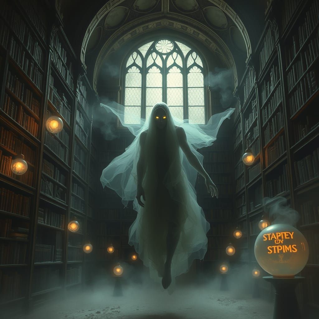 Ethereal Spirit in a Moonlit Library: Horror Art