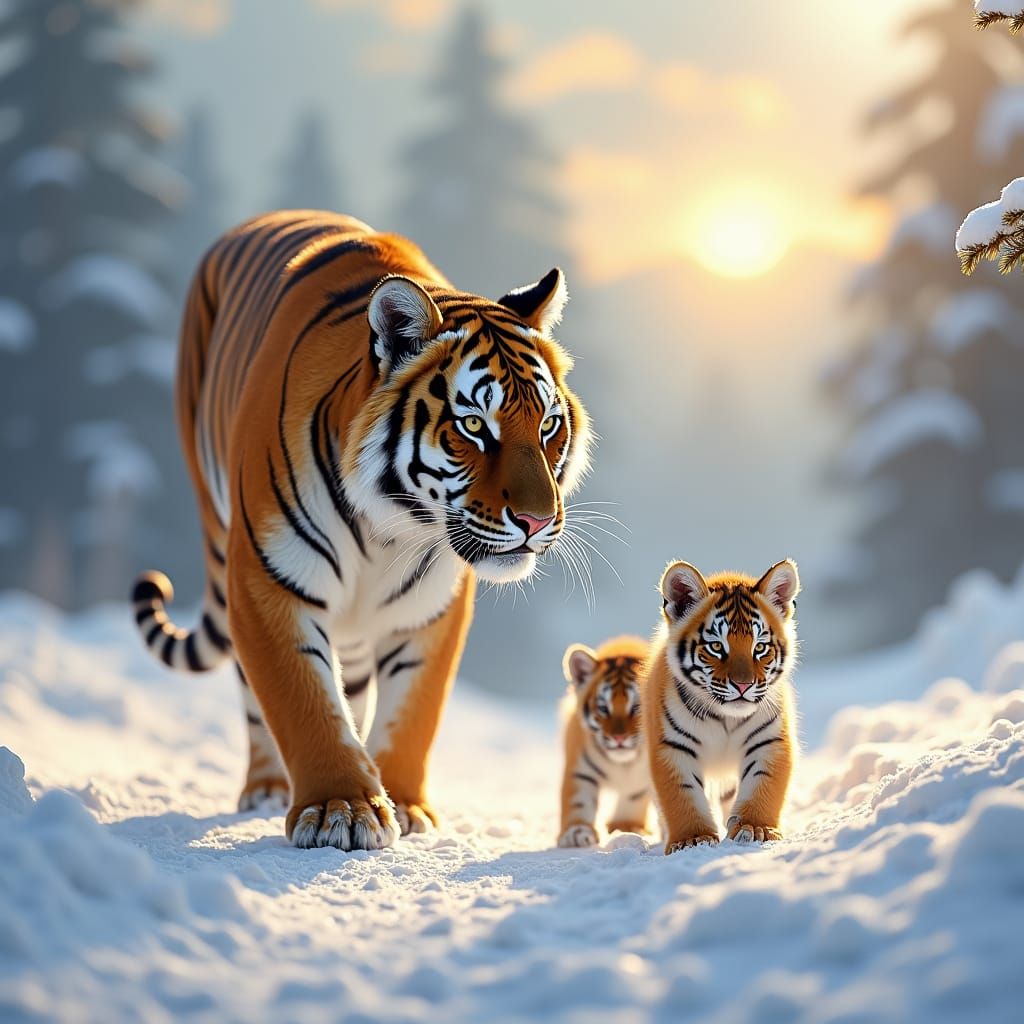 Golden Tiger Family in Winter Landscape
