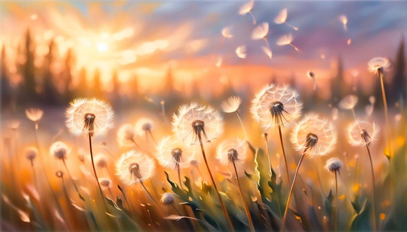 Dandelion Seeds Drifting at Sunset: Impressionist Oil Painti...