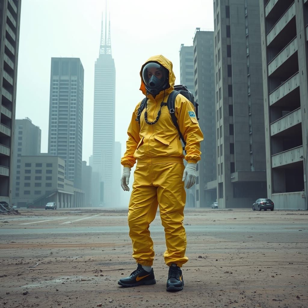 Dystopian Future in Brutalist City, Woman in Hazmat Suit, Lo...