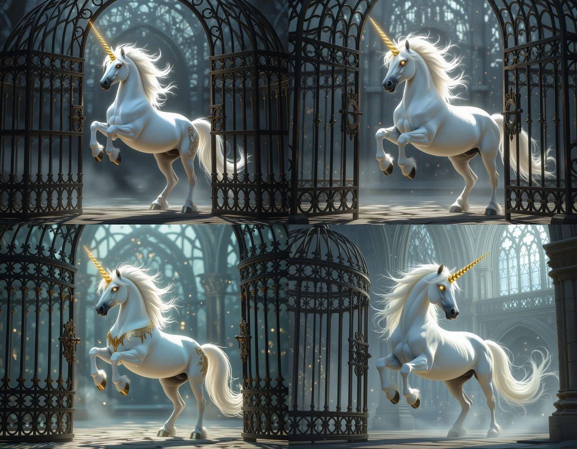 Majestic Unicorn Trapped in Ornate Iron Cage