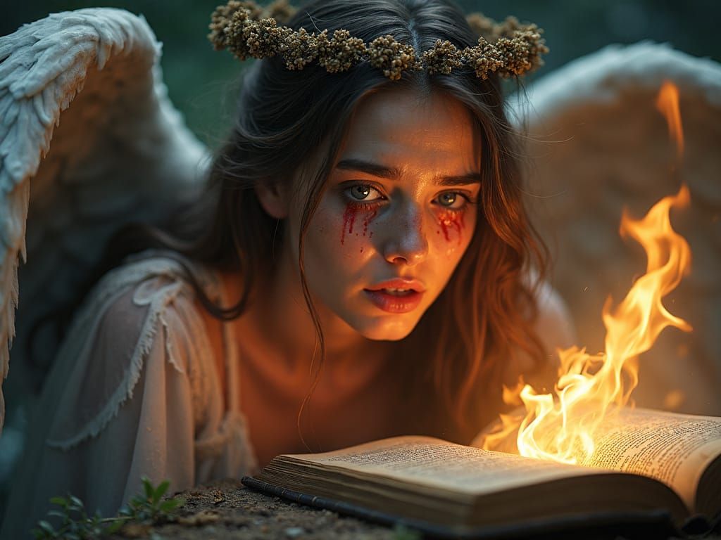 Sorrowful Angel Crying Over Ancient Bible