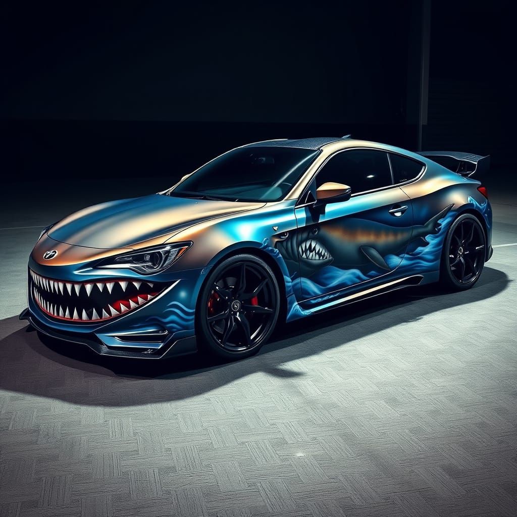 Sleek Car with Shark Airbrush Paint Design