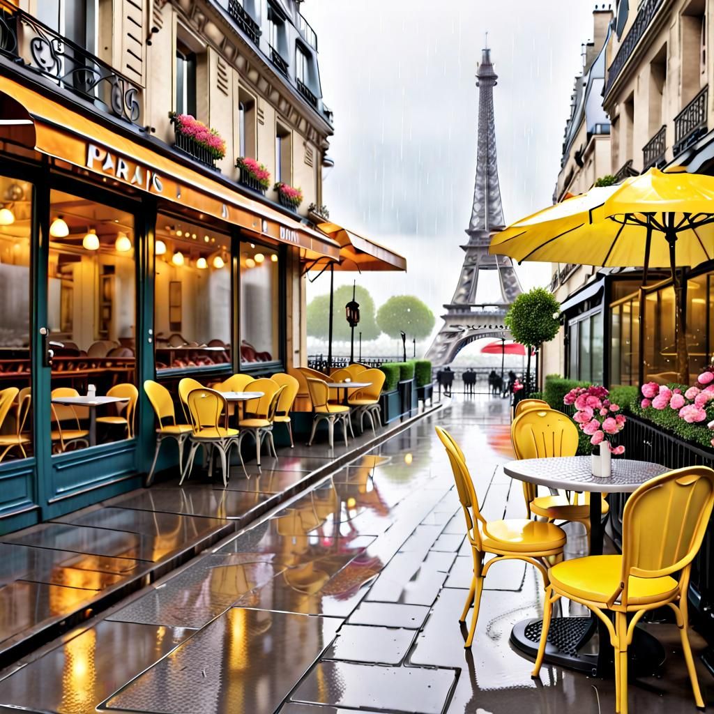 Parisian Cafe Terrace in the Rain with Eiffel Tower