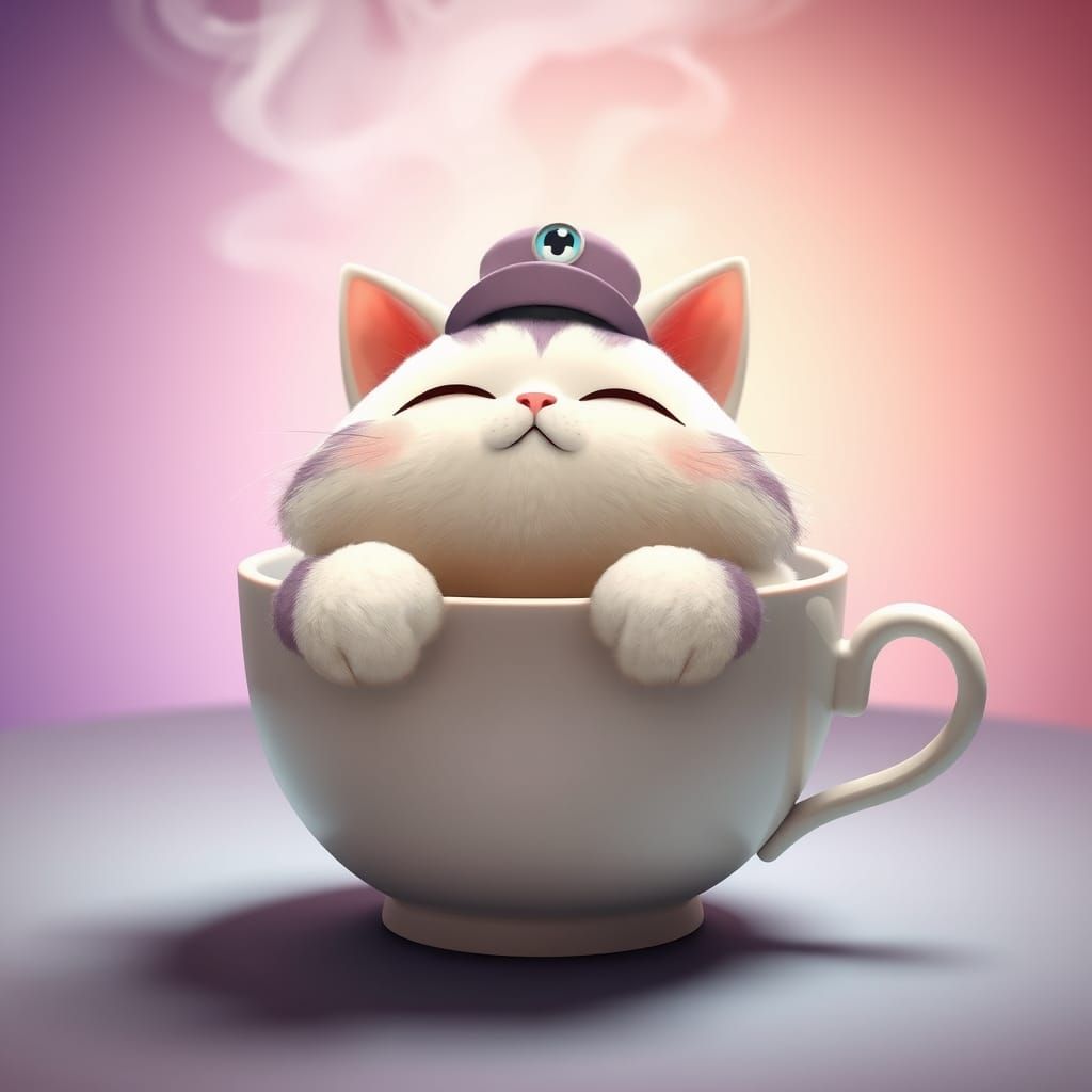 Chubby Anime Cat in Teacup with Bowler Hat