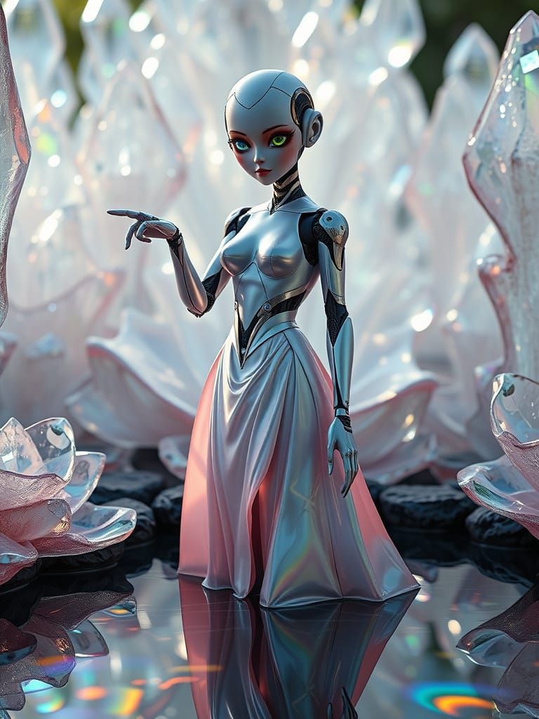 Biomechanical Goddess Emerges from Luminous Fractal Garden