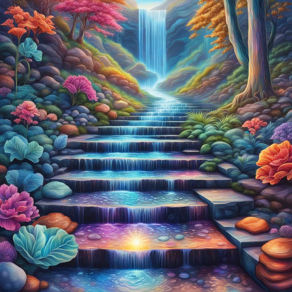 Galactic Waterfall Stairs in Vibrant Holographic Style