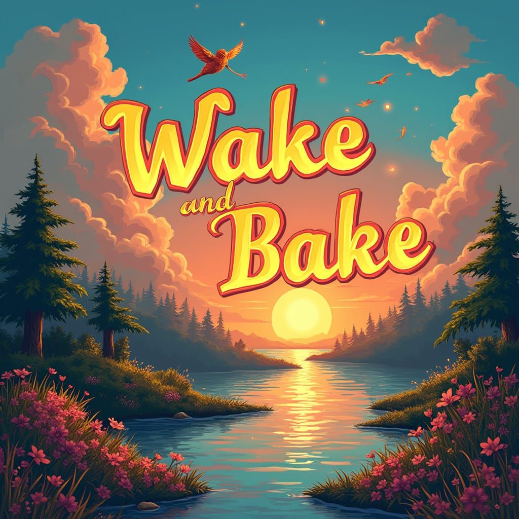 Fantasy Sunrise with Whimsical Creatures in Bold Lettering