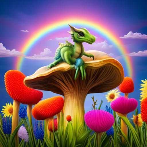 Baby Dragon perched on mushroom