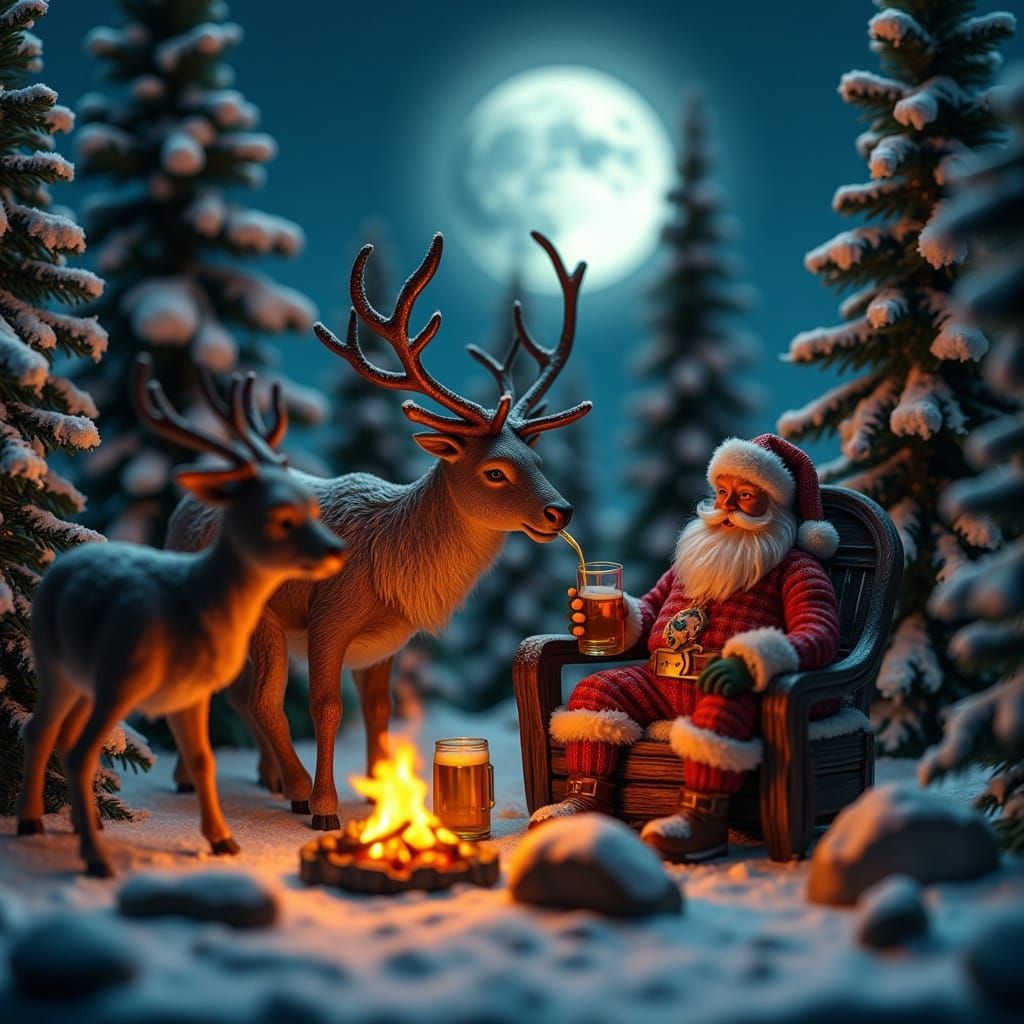 Santa Claus Enjoys Christmas Beer with Reindeer in Winter Wo...