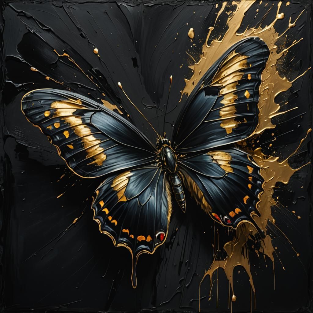 a pitch black butterfly painted with matte black paint, gold...