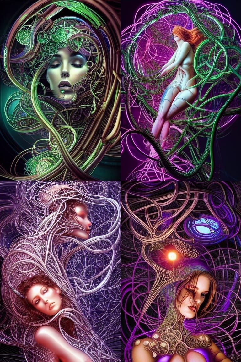 Beautiful woman, engulfed in abstract organic hyper-detailed...