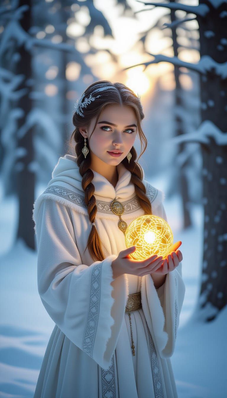Slavic Winter Goddess Koliada Holds Sun Orb